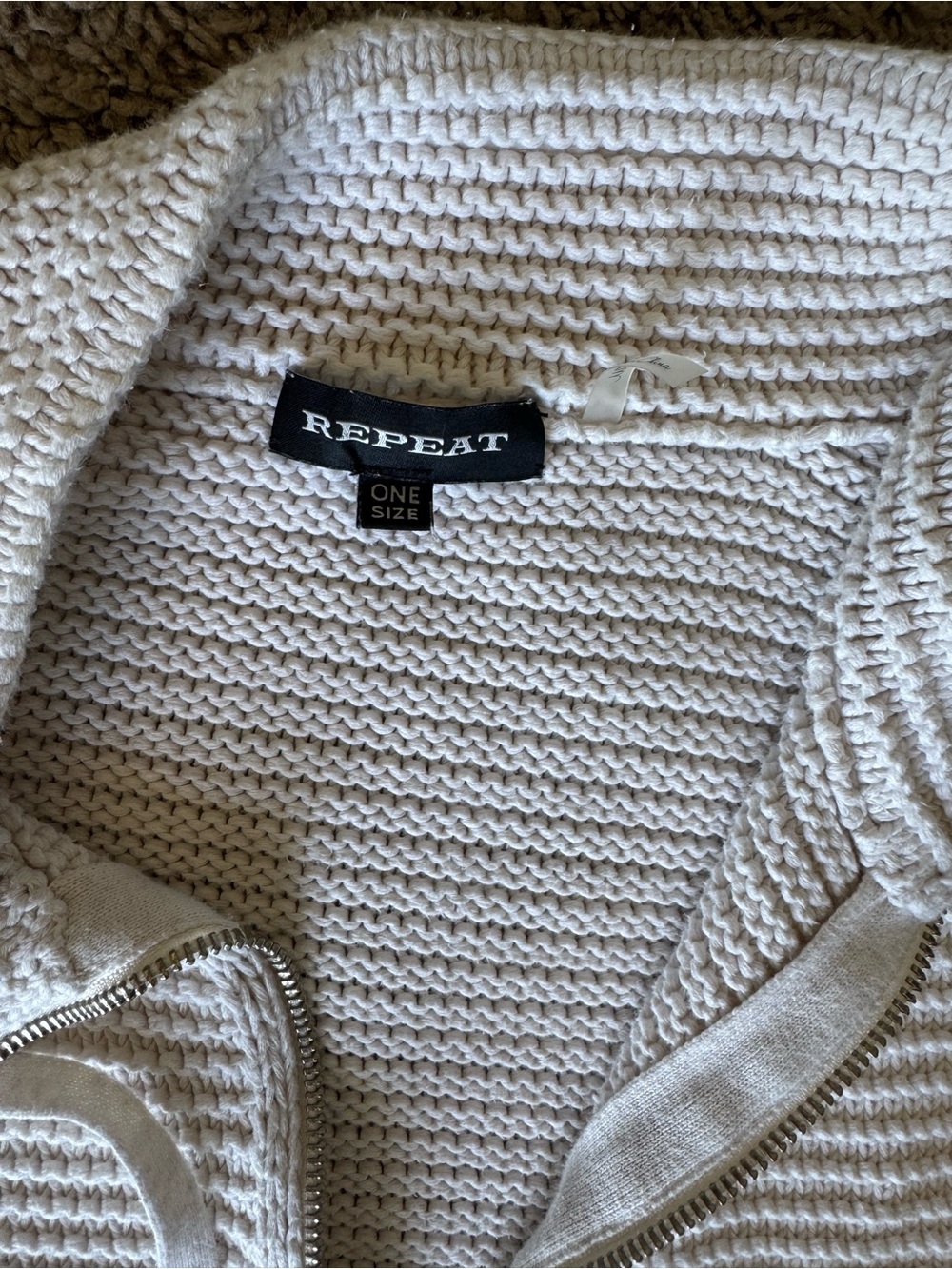 REPEAT Cream Knit Zip-Front Short Sleeve Cardigan O/S - Picture 2 of 7